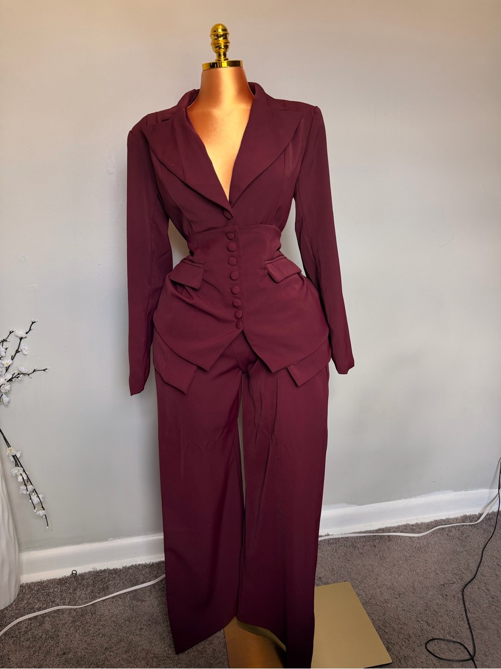 Women's Burgundy Tailored Peplum Suit Jacket & Wide-Leg Pants